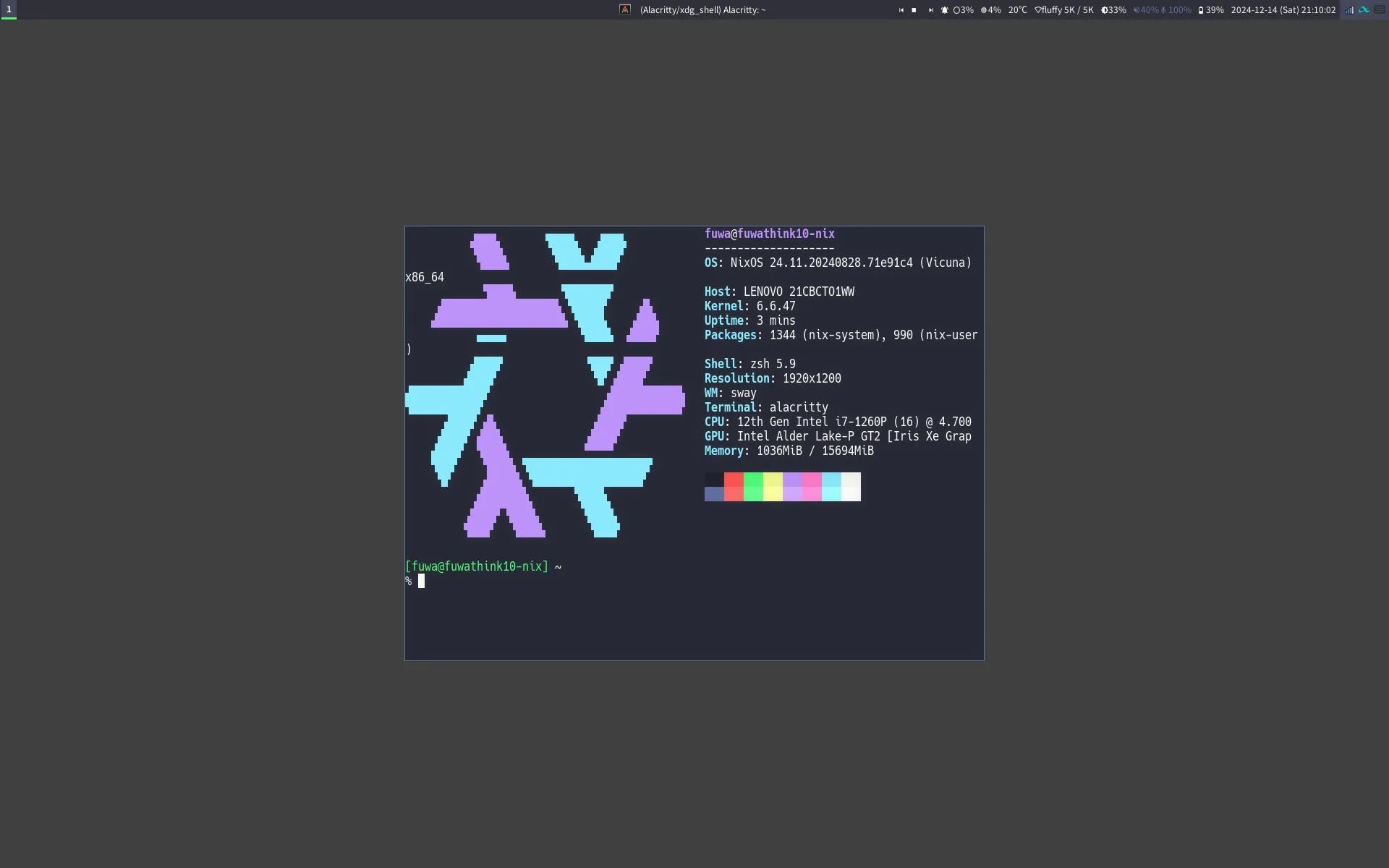 設定を終えた環境でSwayの上にneofetchを表示した画面